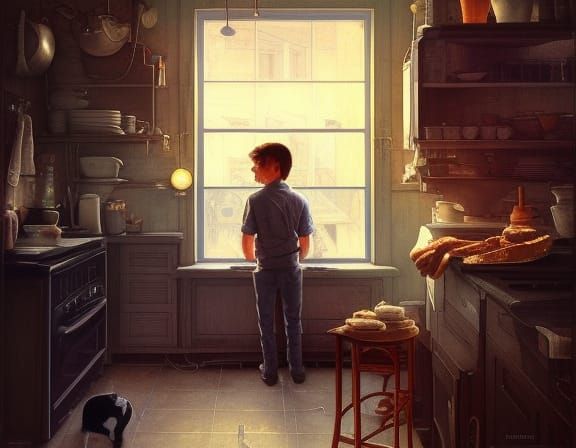 Boy and Cat in Kitchen, Rockwell Style