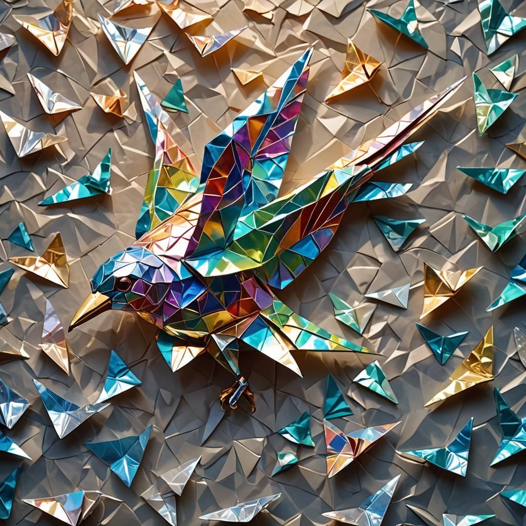 Iridescent Origami Bird Shimmers in Sunlight