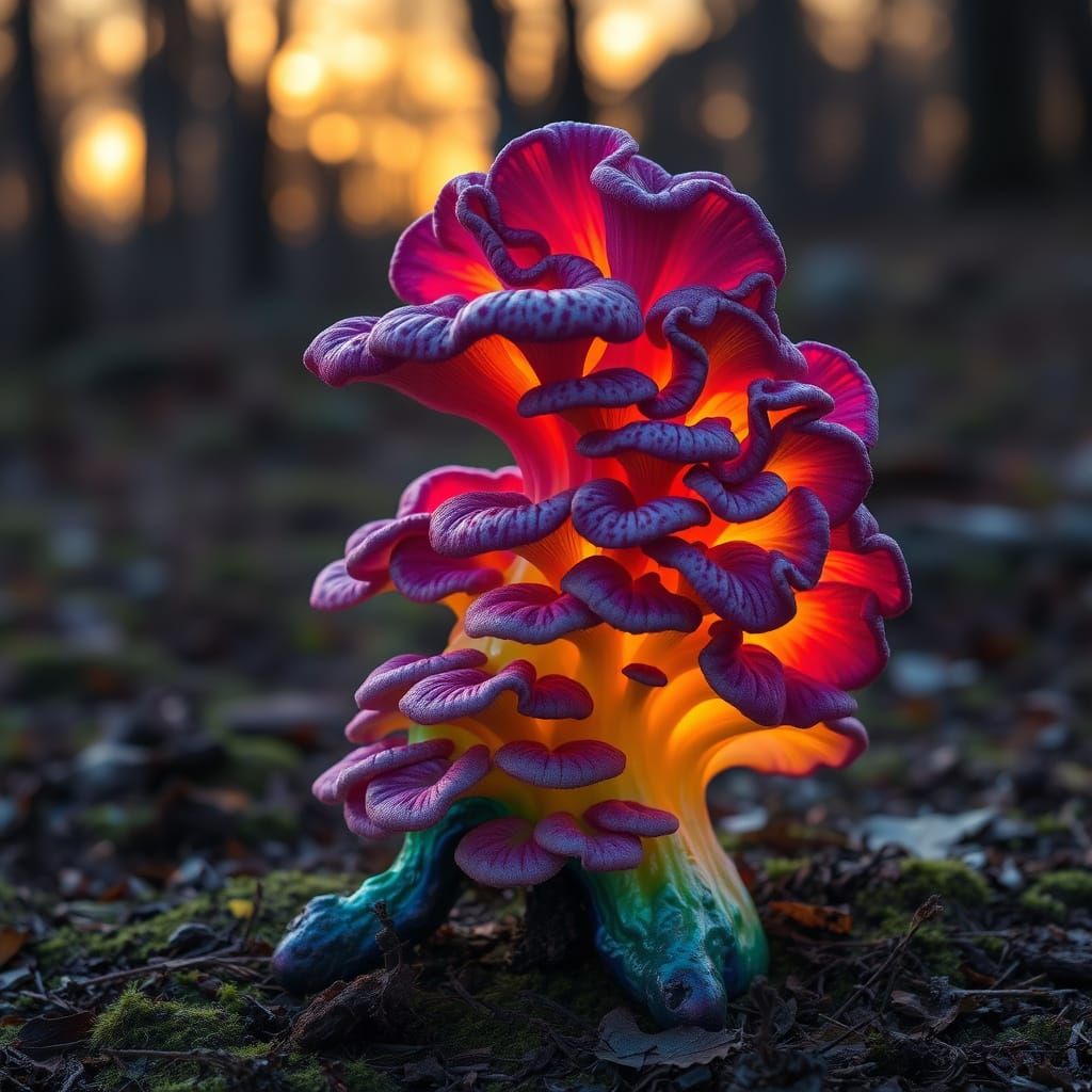 Ornate Rainbow Mycelial Sculpture at Golden Hour