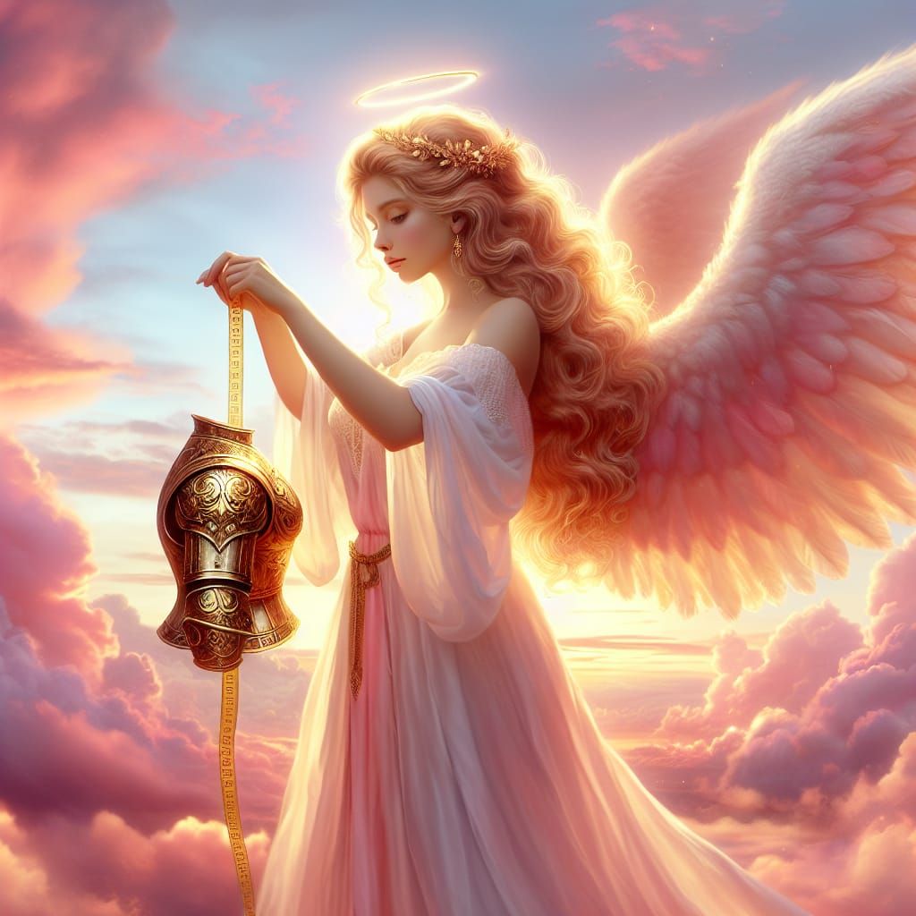 Ethereal Angel Measures Golden Armor in Pink Sky