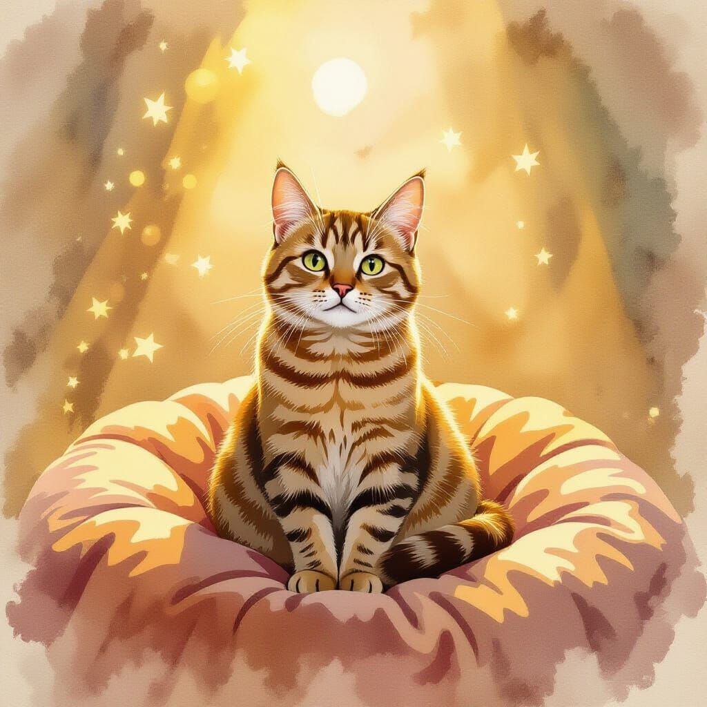 Brown Tabby Cat on Velvet Cushion in Warm Light