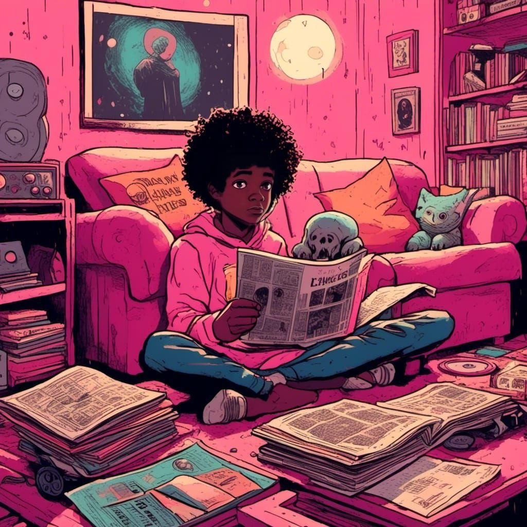 Boy Listening to Music with Ghost, Vintage Anime Style