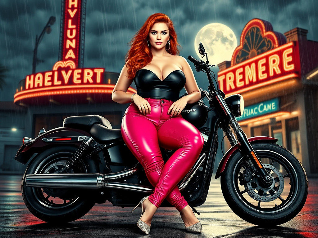 Redhead with Harley in Rainy Havana, Expressive Oil Painting