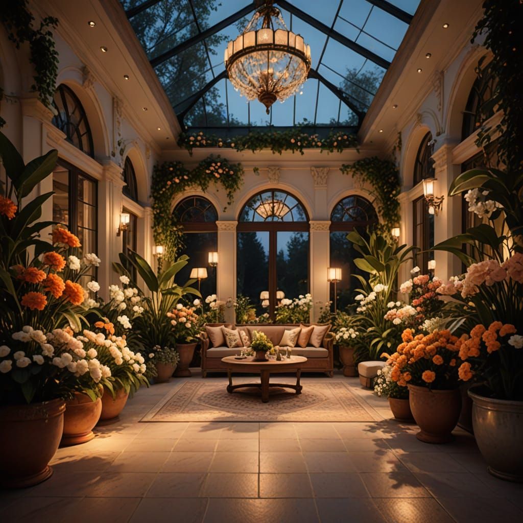 Elegant Orangery Sunroom at Night, Lush Spring Florals on a ...