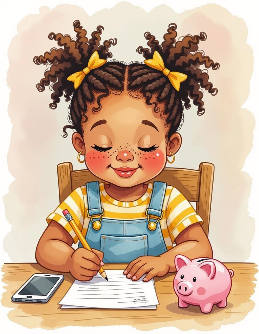 Playful African American Girl Drawing, Watercolor Style