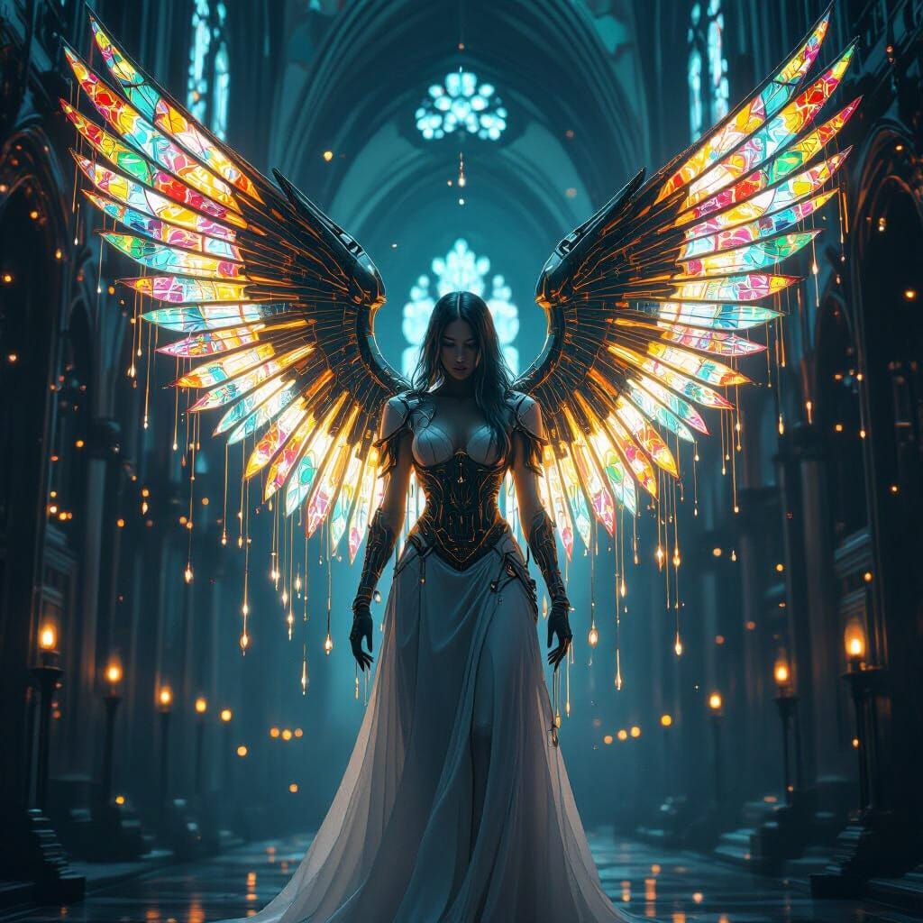 Biomechanical Angel in Circuit Cathedral: Dark Surrealism