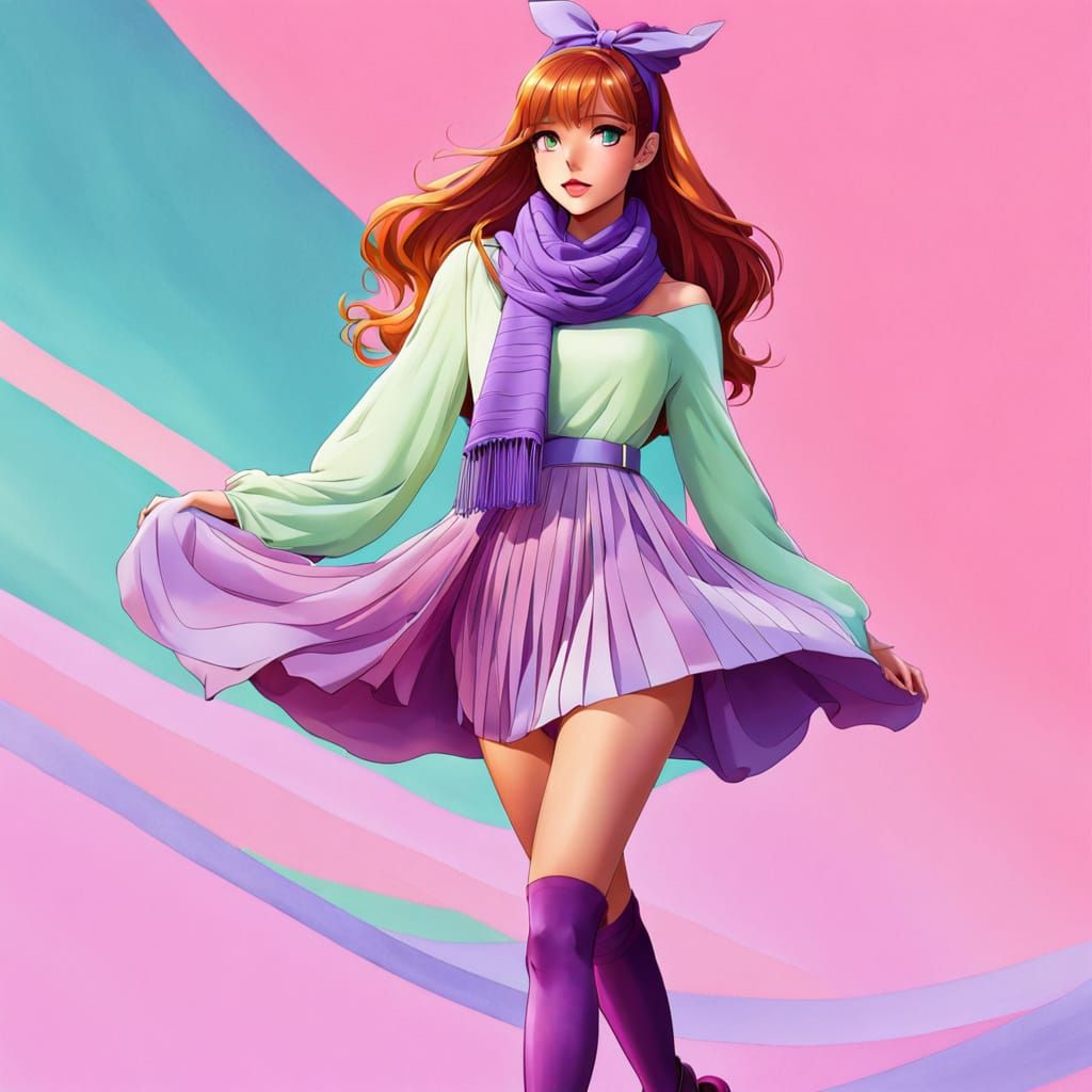 Vibrant Cartoon Portrait of Daphne Blake in Pastel Colors