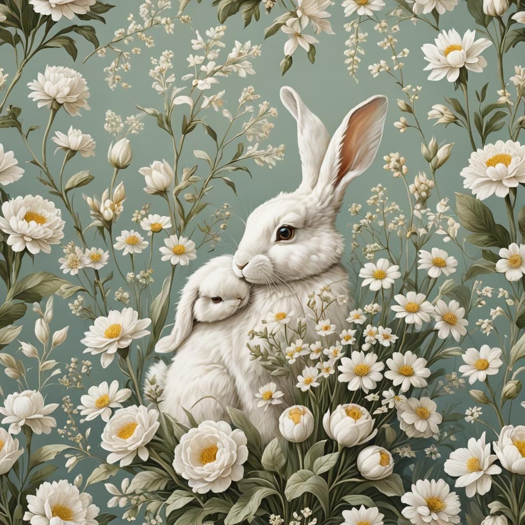 Elegant Botanical Art: White Bouquet with Rabbits