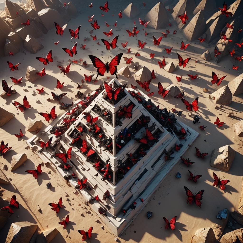 Red Creatures Climb Pyramid with Robotic Butterflies