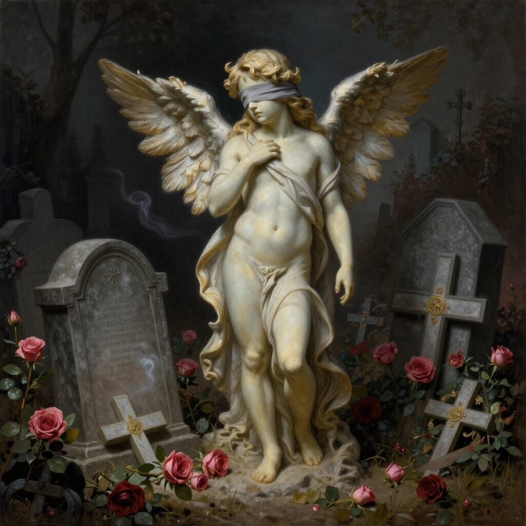 Melancholy Cupid Beside Crypt in Somber Landscape