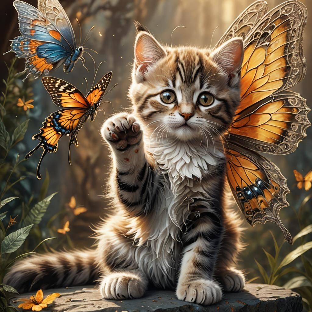 Kitten Reaching for Butterfly in Fantasy Art