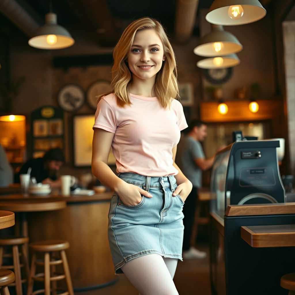 Woman in Denim Skirt at Coffee Shop, Vintage Film