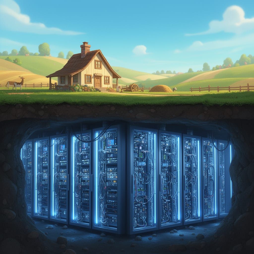 Whimsical Farm Above, AI Servers Below in Cartoon Style
