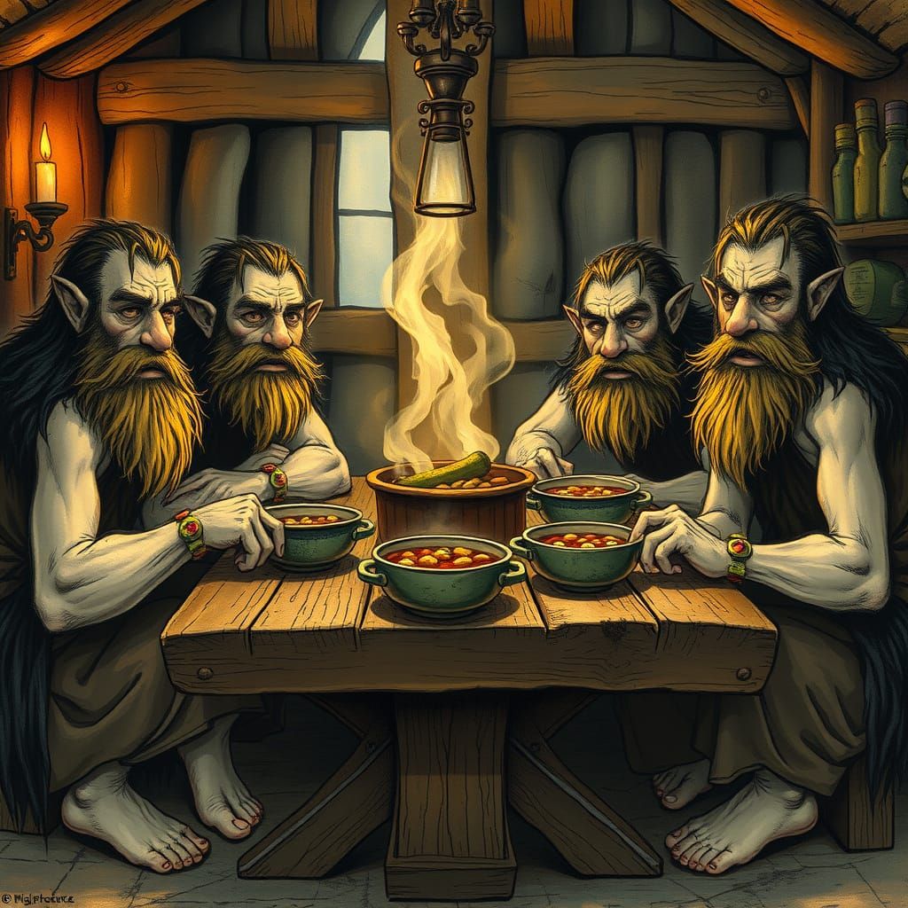 Brothers Gather Around Cozy Table in Whimsical Gathering