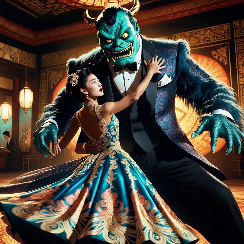 Monster Dances with Woman in Ukiyo-e Style