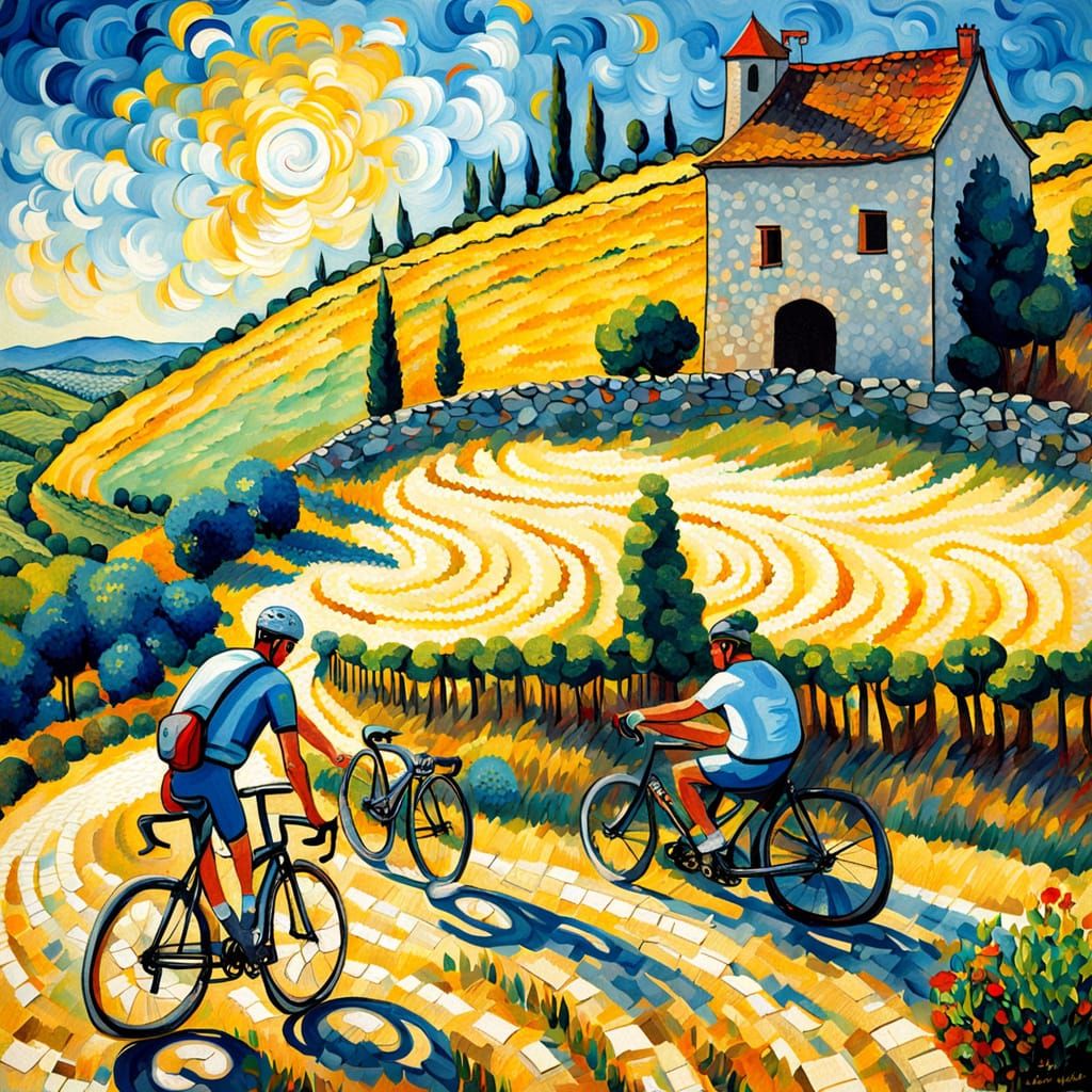 Cyclists Climb Mont Ventoux: Impressionist Art