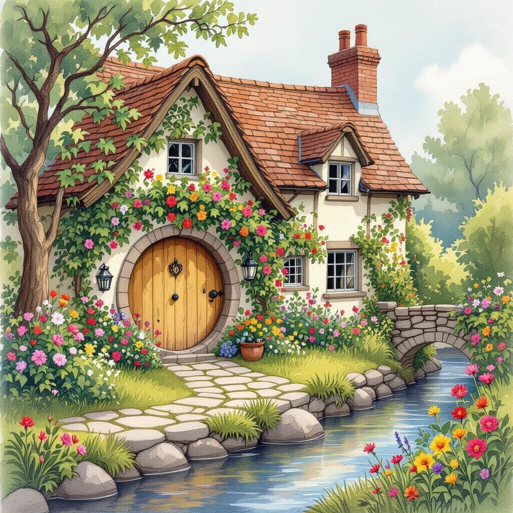 Whimsical Cottage with Flowers in Painterly Style