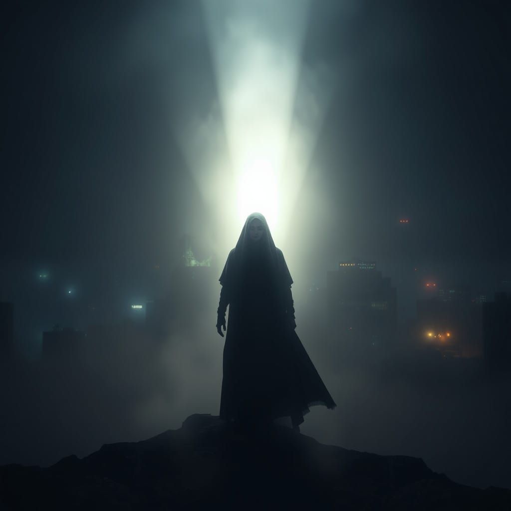 Shrouded Figure Emerges in Radiant Light