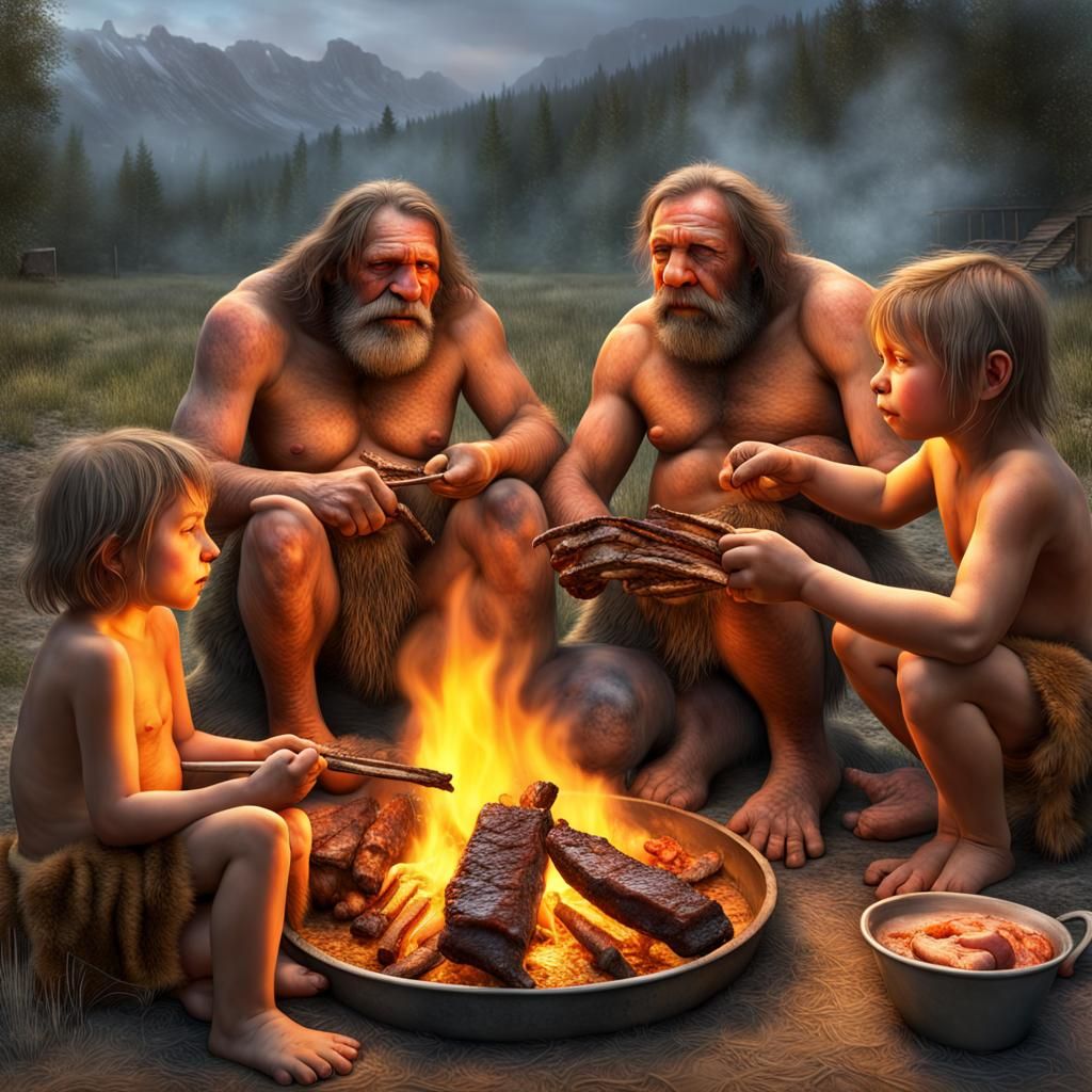 A Neanderthal family roasting Mammut ribs on the fire, a real Neanderthal festivity.