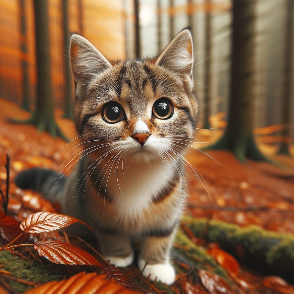 Lost Cat in Autumn Forest Peers into Distance