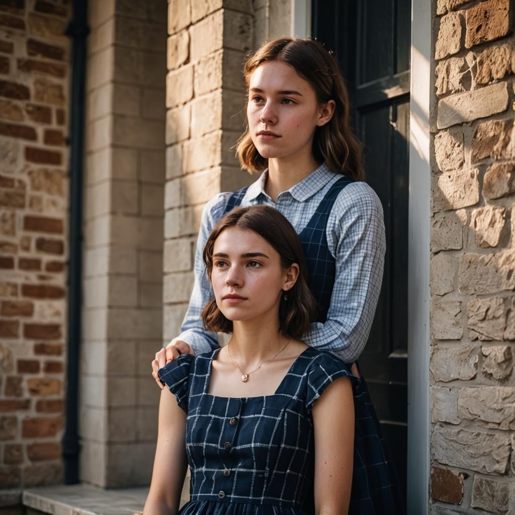 Young Women Chatting on Church Porch: High-Contrast Portrait