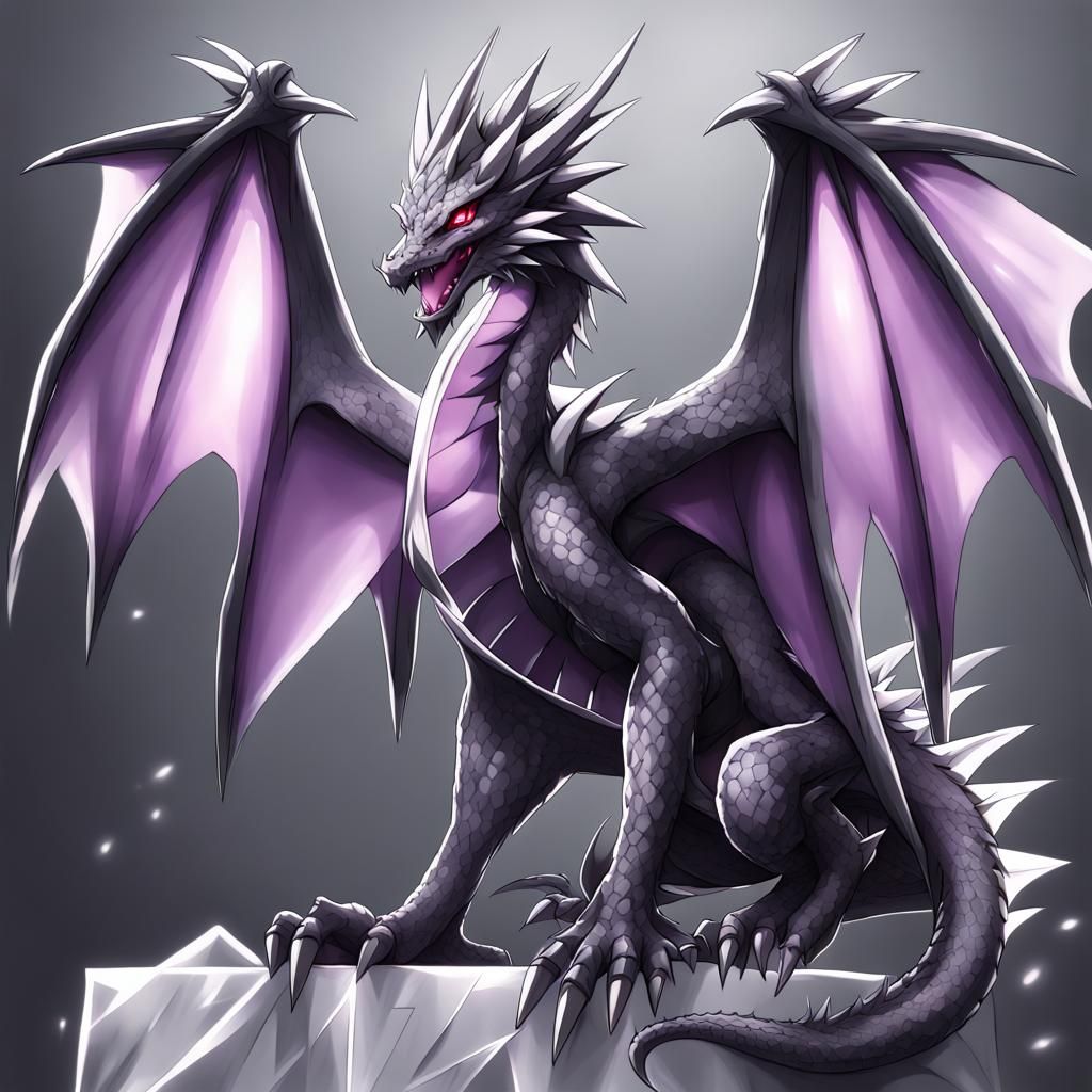 Dark Grey Dragon with Lilac Spikes in Anime Style