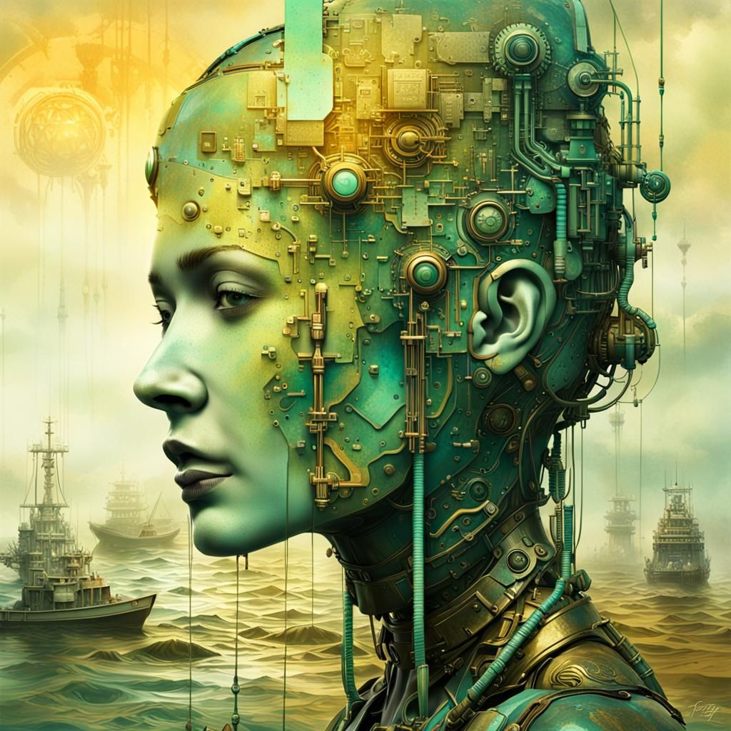 Cyborg Construction in Retro-Futuristic City with Aqua Tones