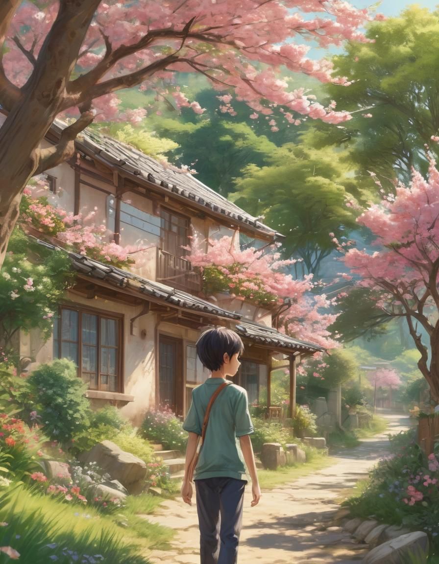 Anime Key Visual of Boy in Rural Village