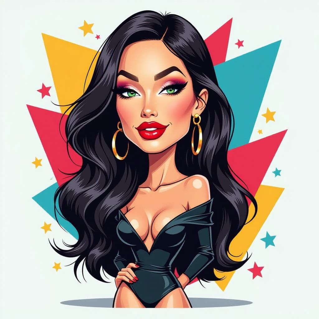 Vibrant Digital Caricature of Megan Fox in Fashion Style