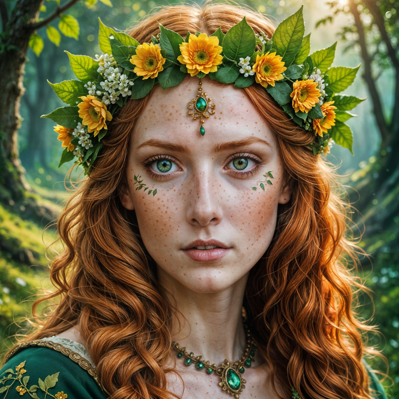 Surreal Portrait of a Freckled Female in a Whimsical Valley