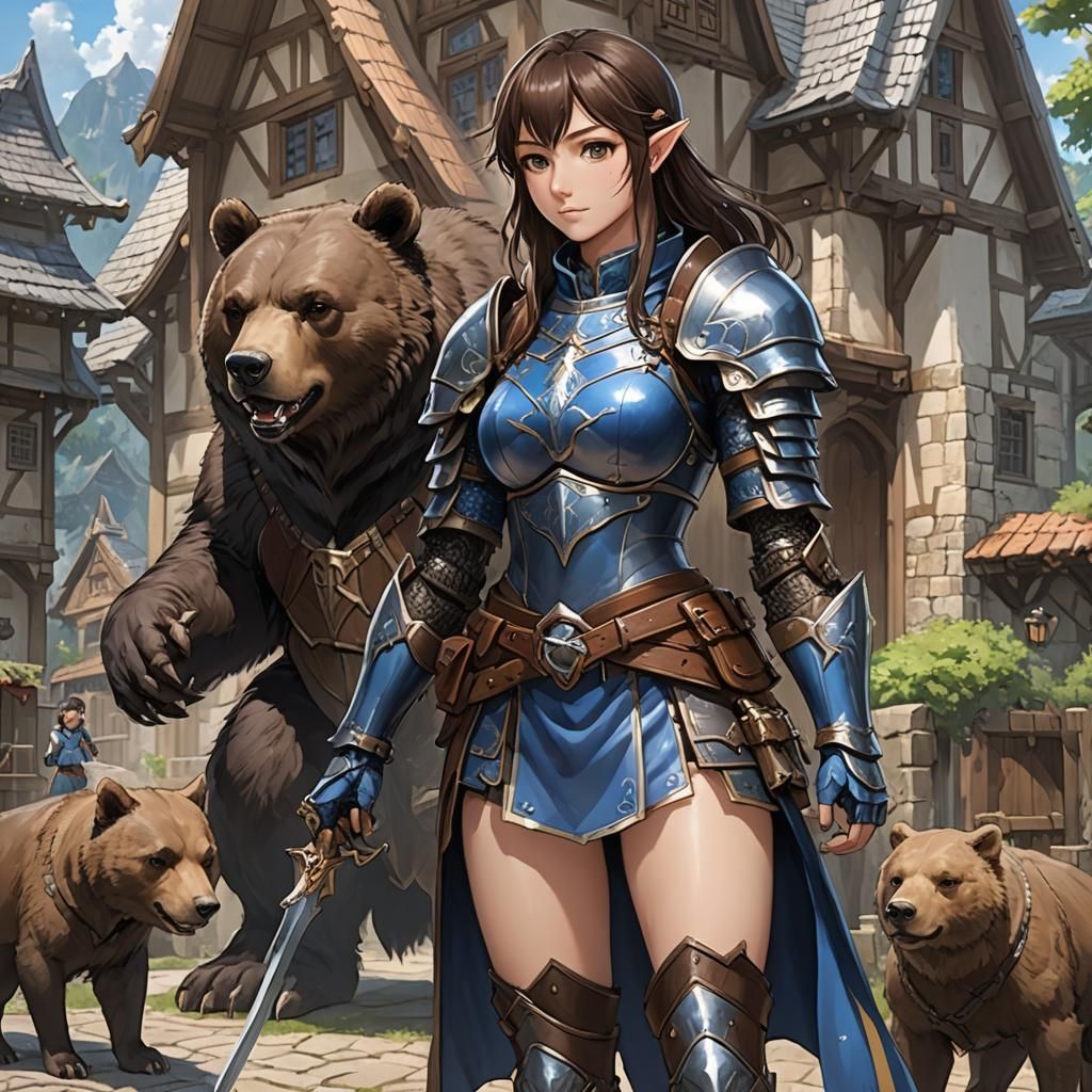 Elf Warrior and Armored Bear in Anime Style
