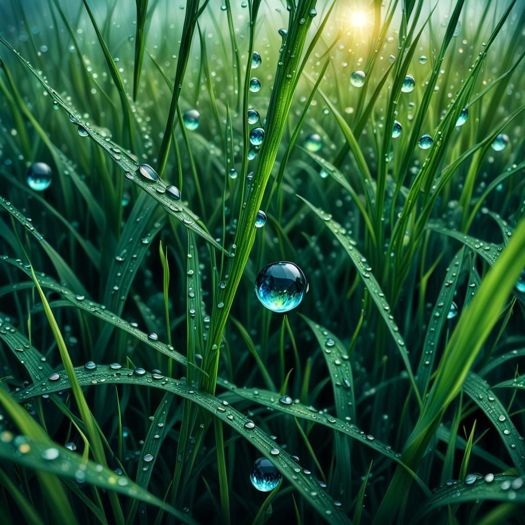 Dew Drops in Grass: Hyperrealistic Atmospheric Image