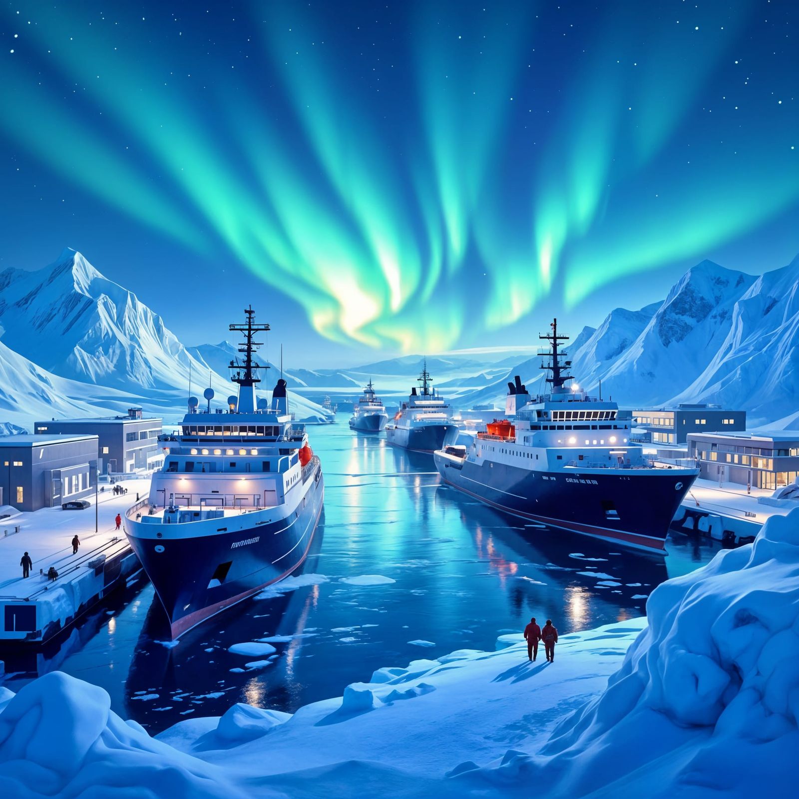 Arctic Research Station Harbor with Sci-Fi Icebreakers