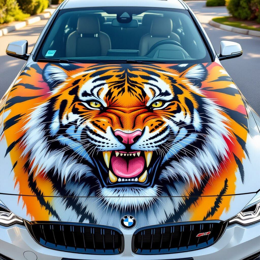 Tiger Grinning Face Airbrushed on Car Hood