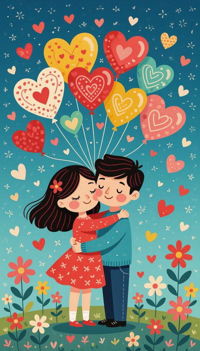 Cartoon Couple Embracing Surrounded by Hearts and Flowers
