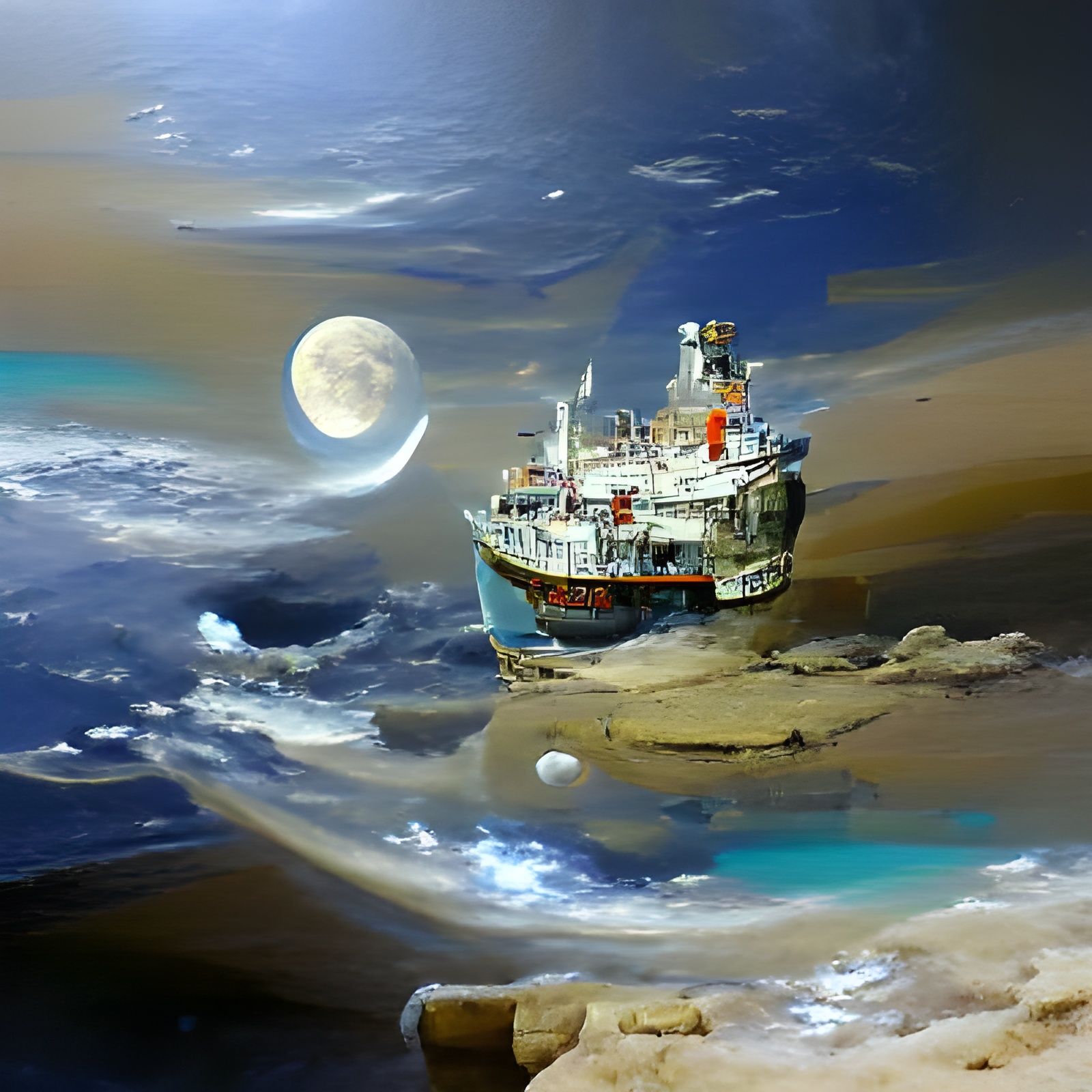 Ship on Moon World in Oil Painting Style
