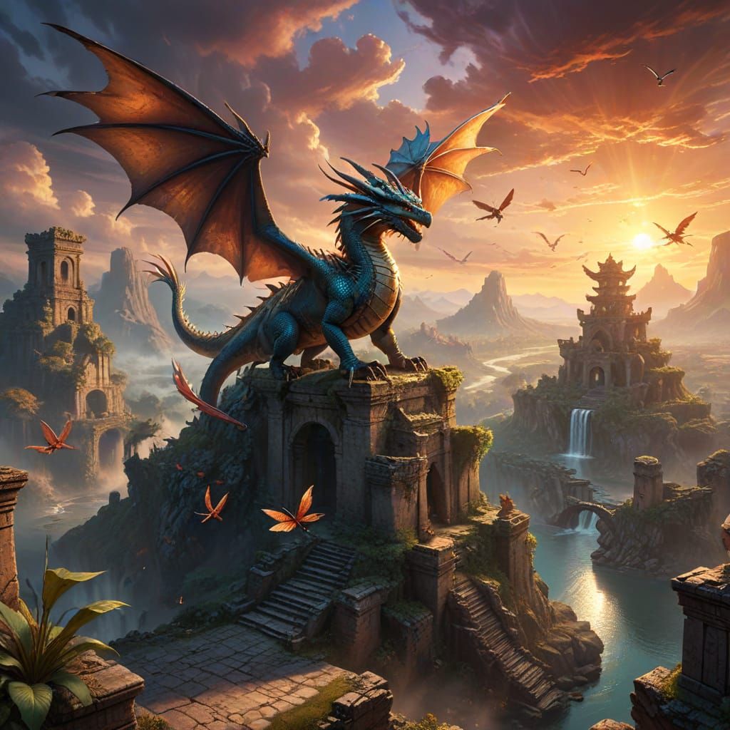 Majestic Dragon Soars Over Fantasy Ruins at Sunset