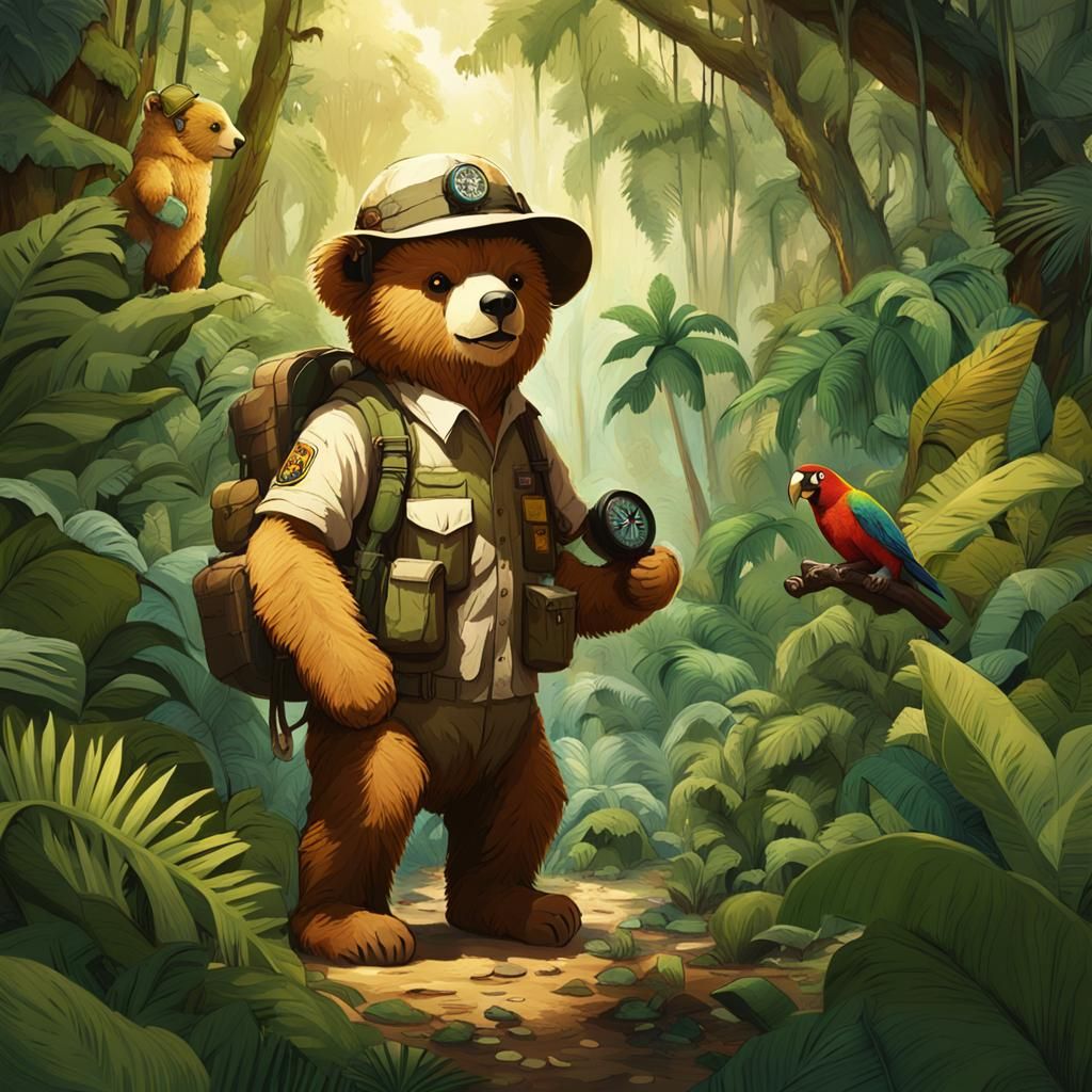 A teddy bear dressed as an explorer, wearing a pith helmet a...