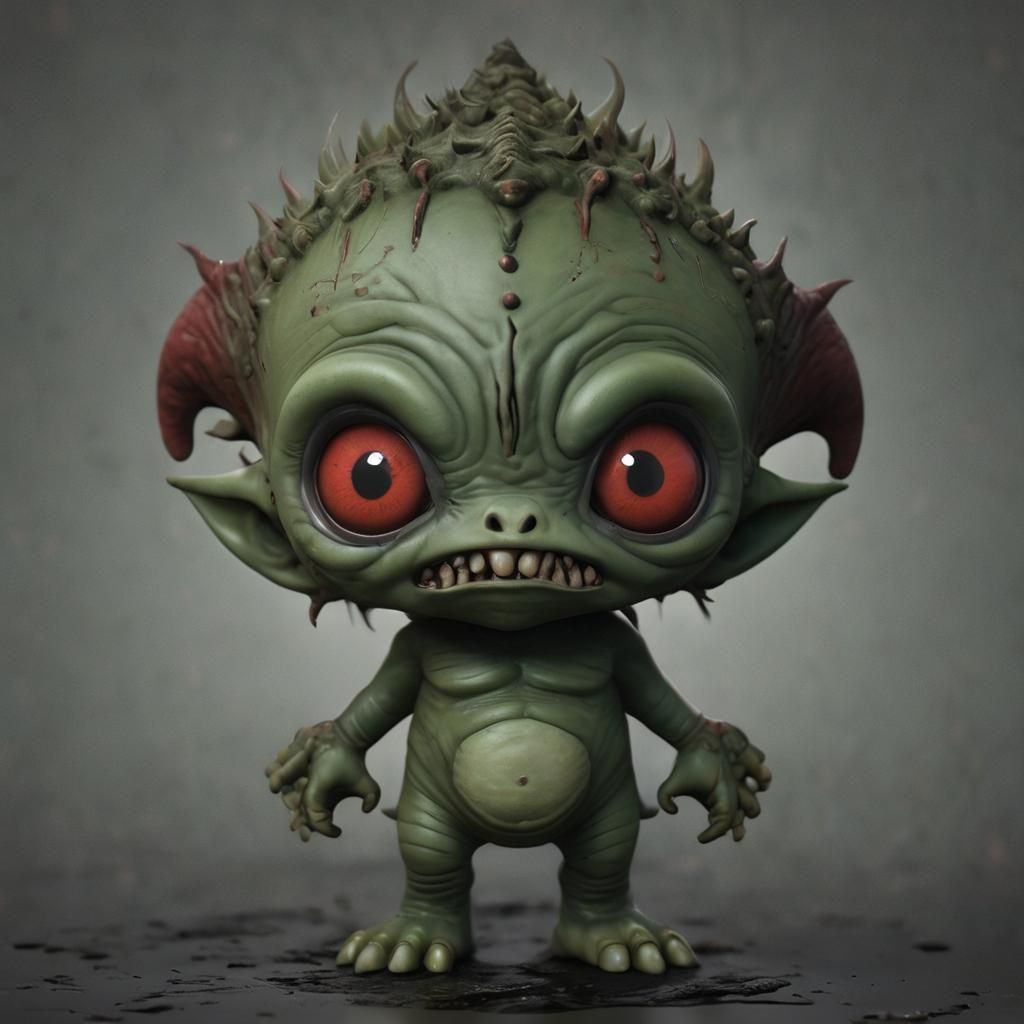 A 3D chibi style render of a strange, scary demonic alien cr...