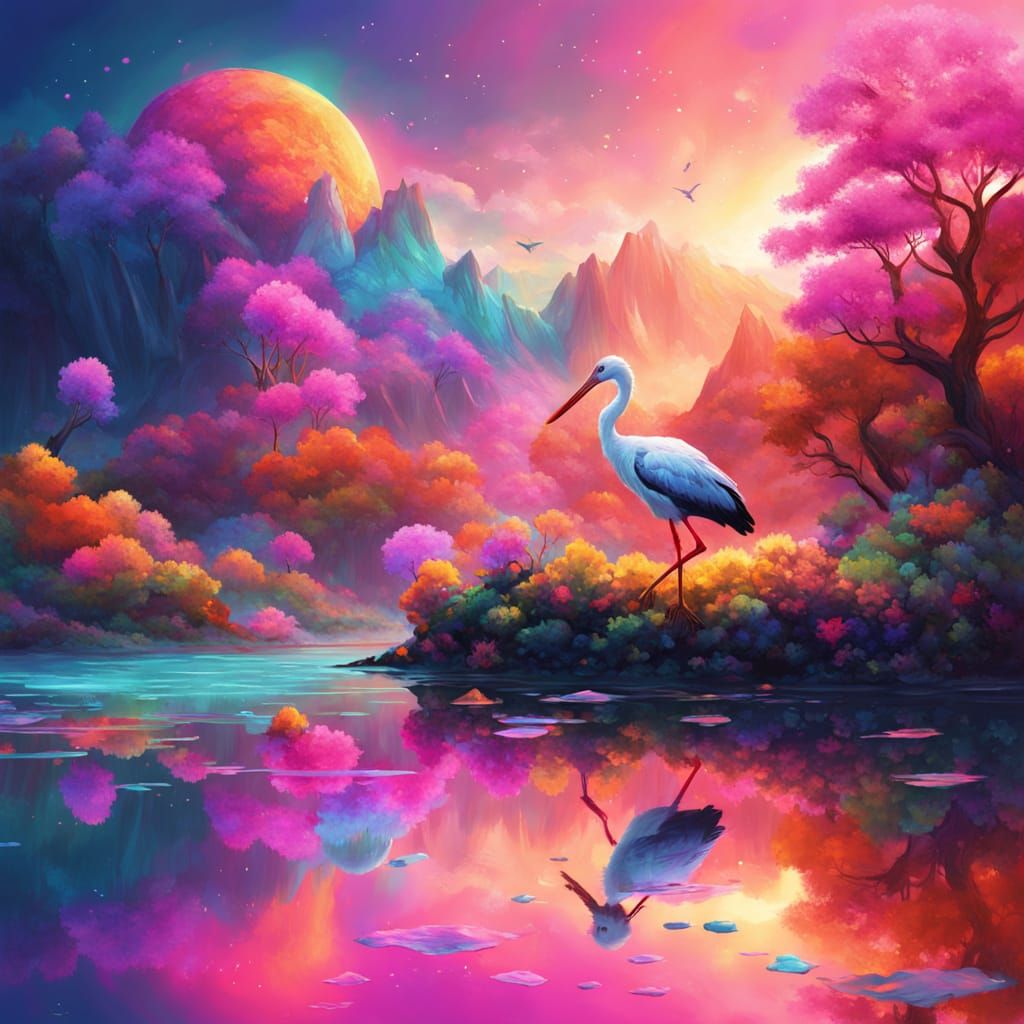 Cosmic Pink Stork in Dreamy Mountain Landscape