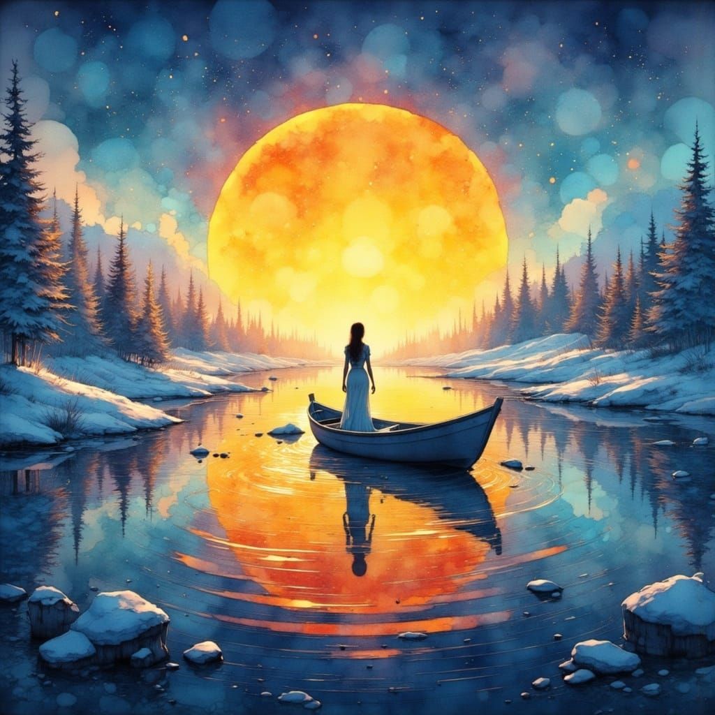 Surreal Woman in White Gown Under Snowfall