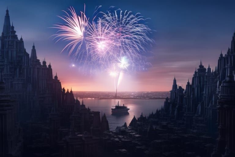 Fireworks Explode Over City in Digital Painting