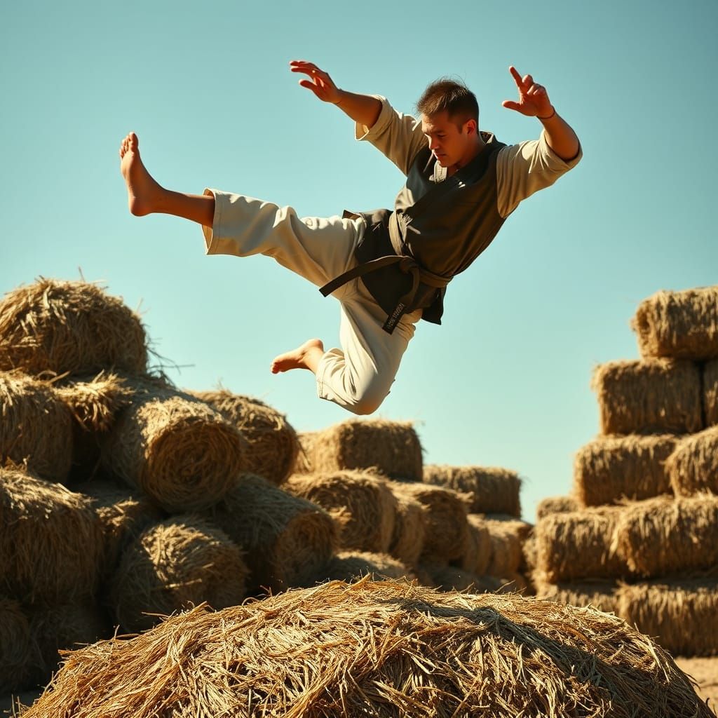 Martial Artist's Hay Bale Kick: Photorealistic Action