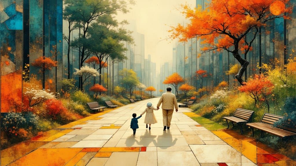 Grandfather and Grandson Walk in Colorful Park