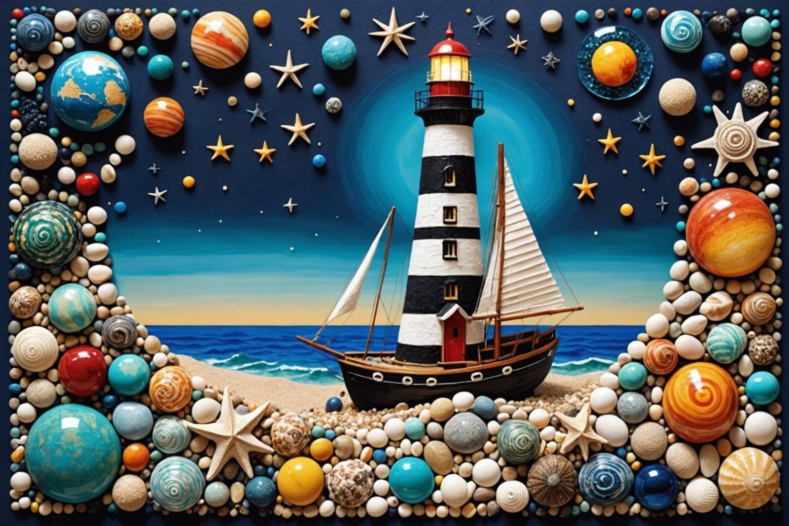 Sailing Ship of Stone and Shell in Art Deco Style