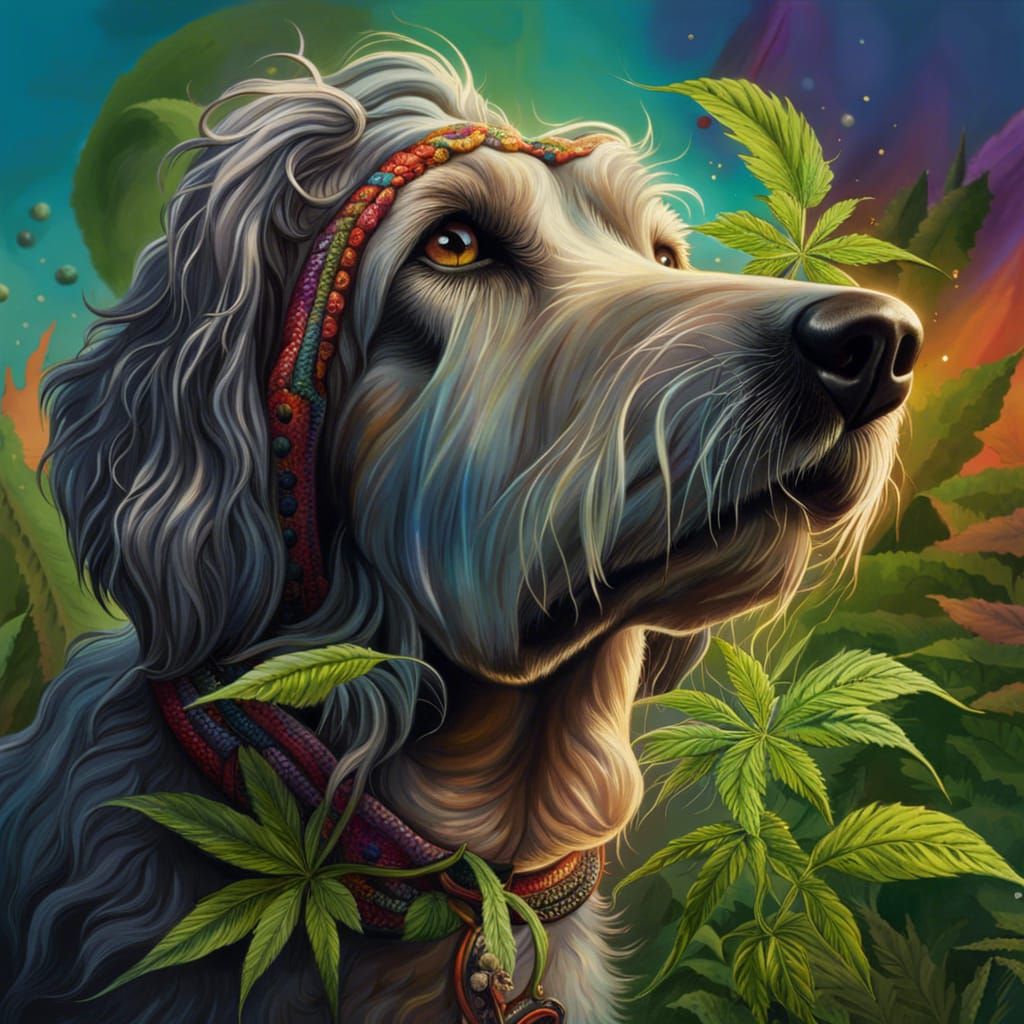 Hippy with Cannabis Plant and Hound Dog