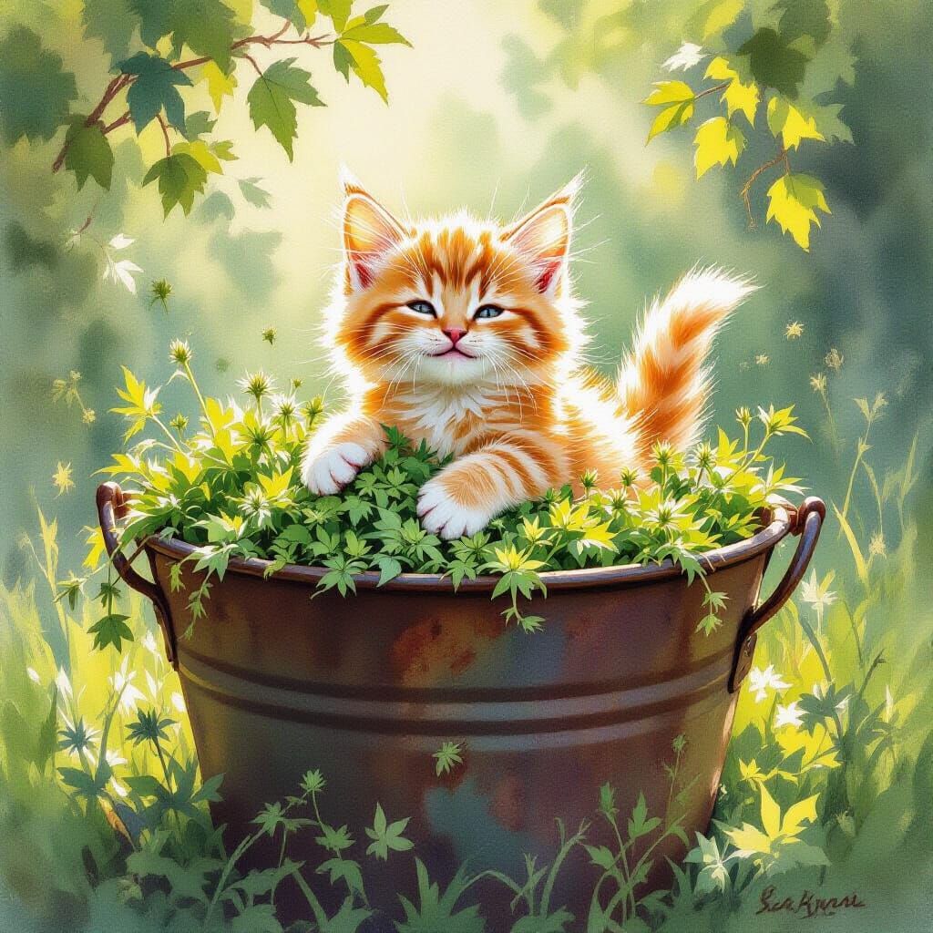Kitten in Catnip Bucket, Watercolor Style