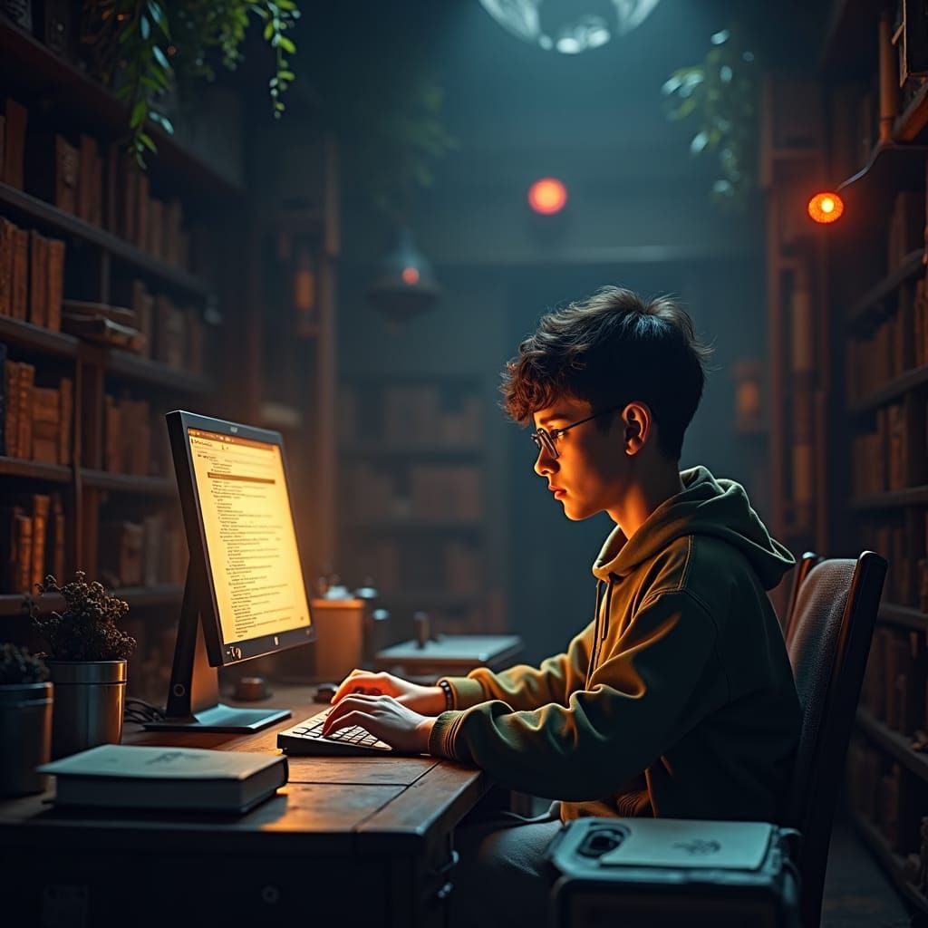 Student Coding at Cyberpunk Workstation in Neon Laboratory