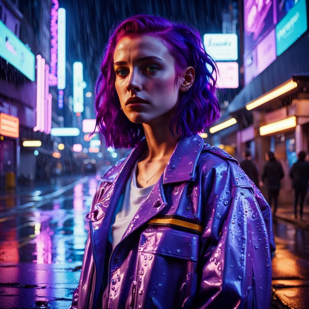 Vibrant Purple Goddess in Neon City