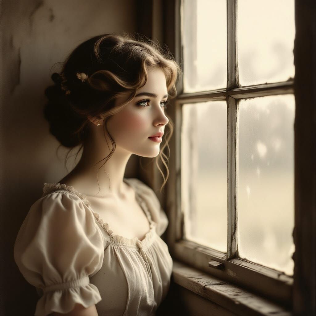 Vintage Portrait of a Woman Gazing from a Window